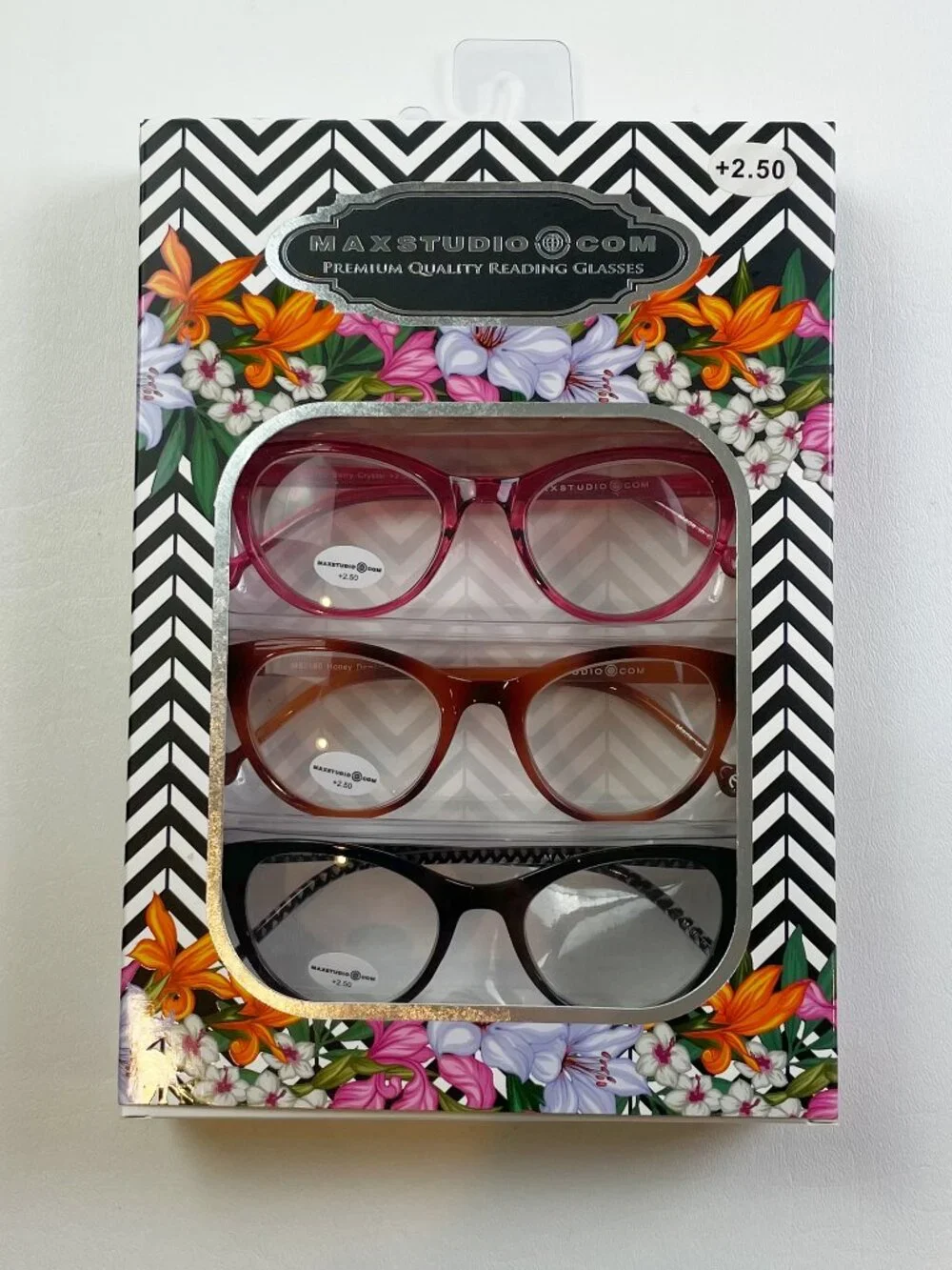 MaxStudio.com 3 Pack Reading Glasses +2.50 Black Honey Berry New